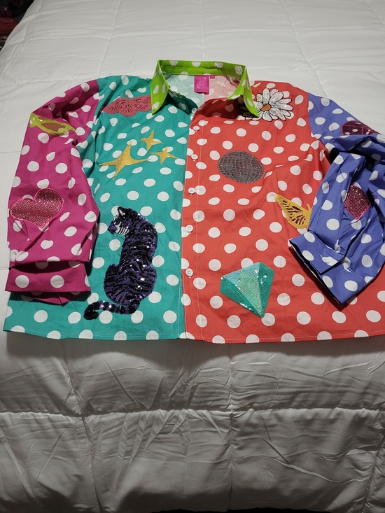 QUEEN OF SPARKLES Tops - Queen Of Sparkles Polka Dot Multi-Color Embellished Button-Up Shirt